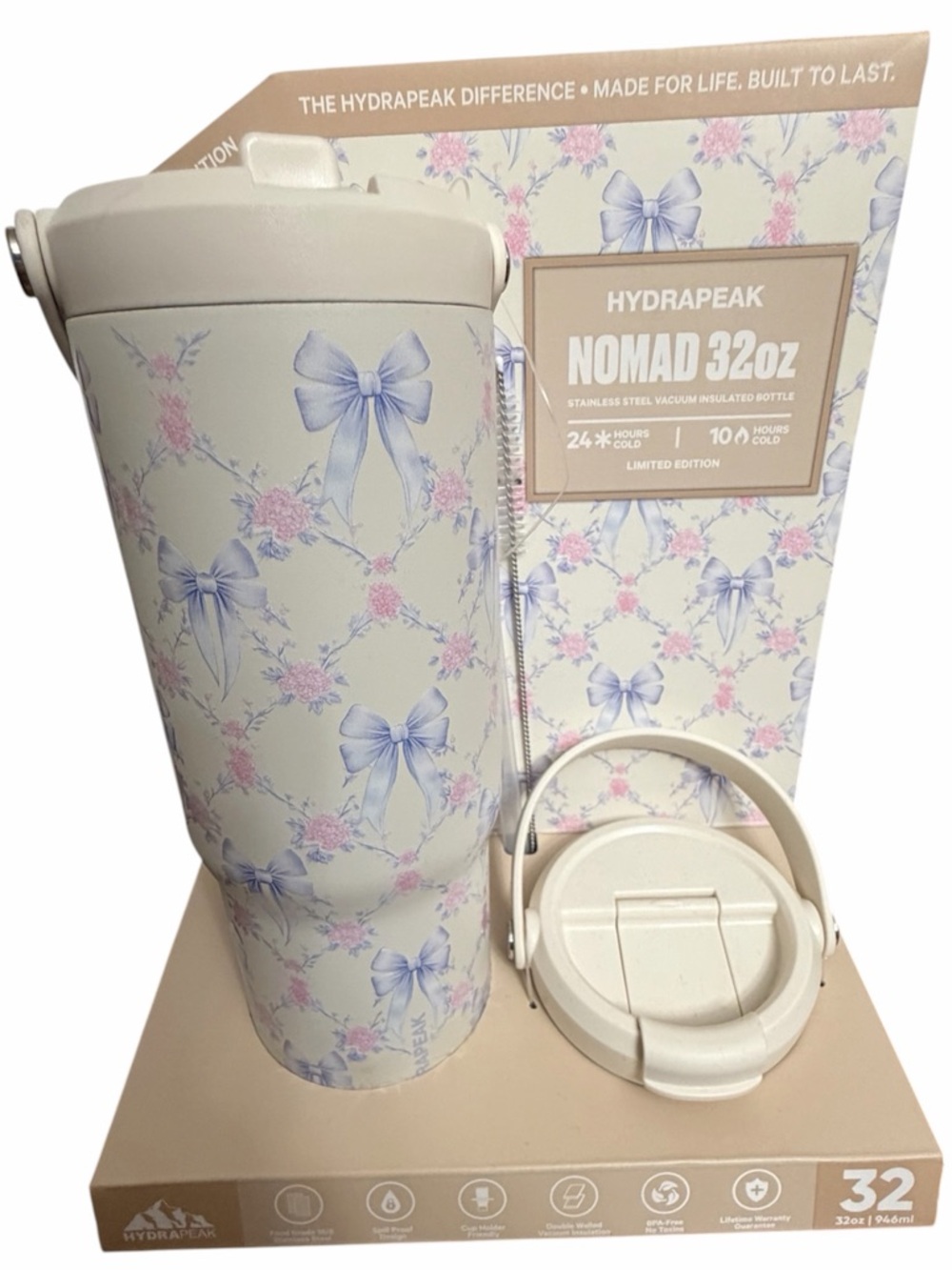 Hydrapeak Nomad 32oz Limited Edition Artisan Collection Blue & Pink Floral Bows
